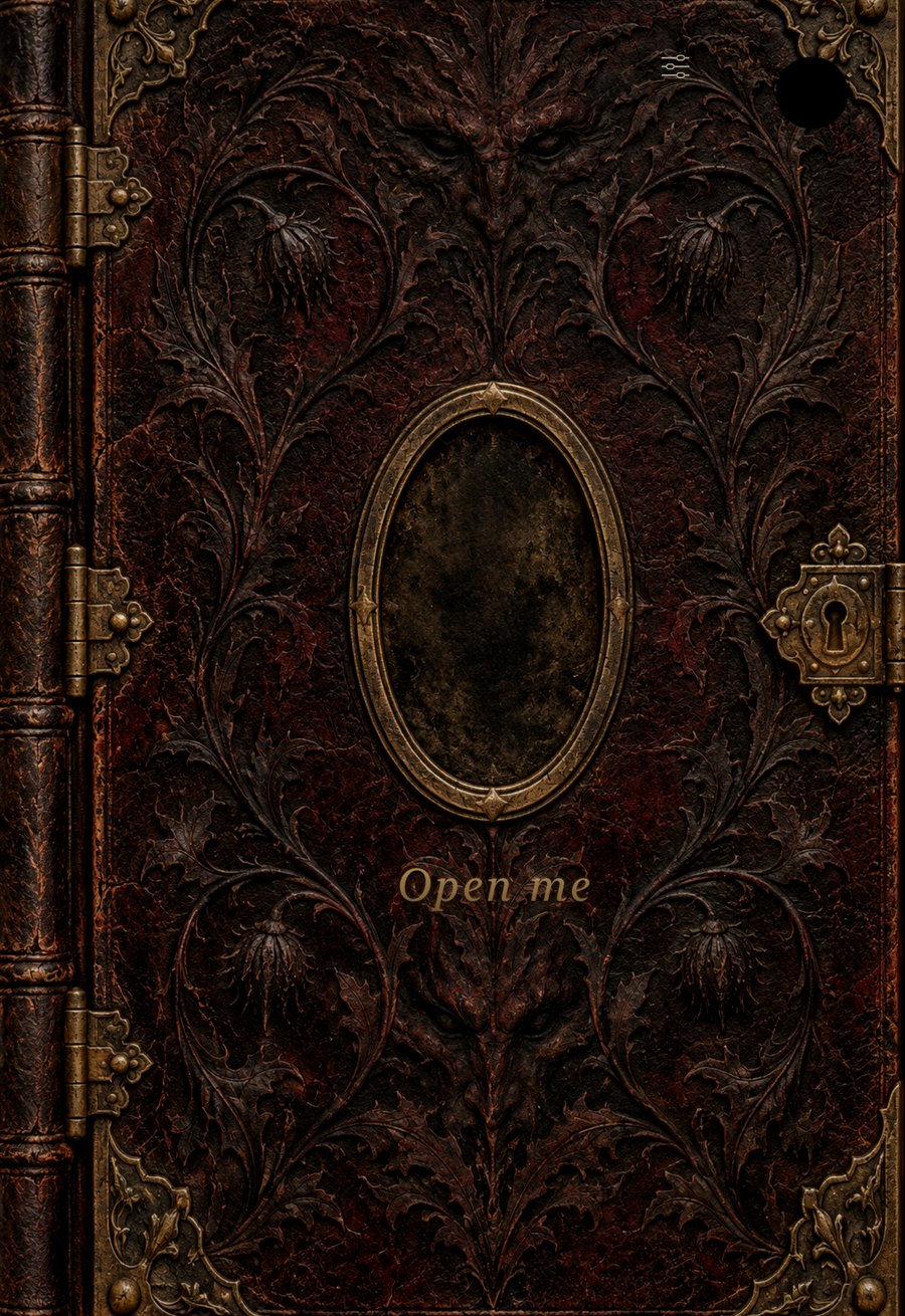 The leather book cover on the outer display, with Open me pressed into the leather
