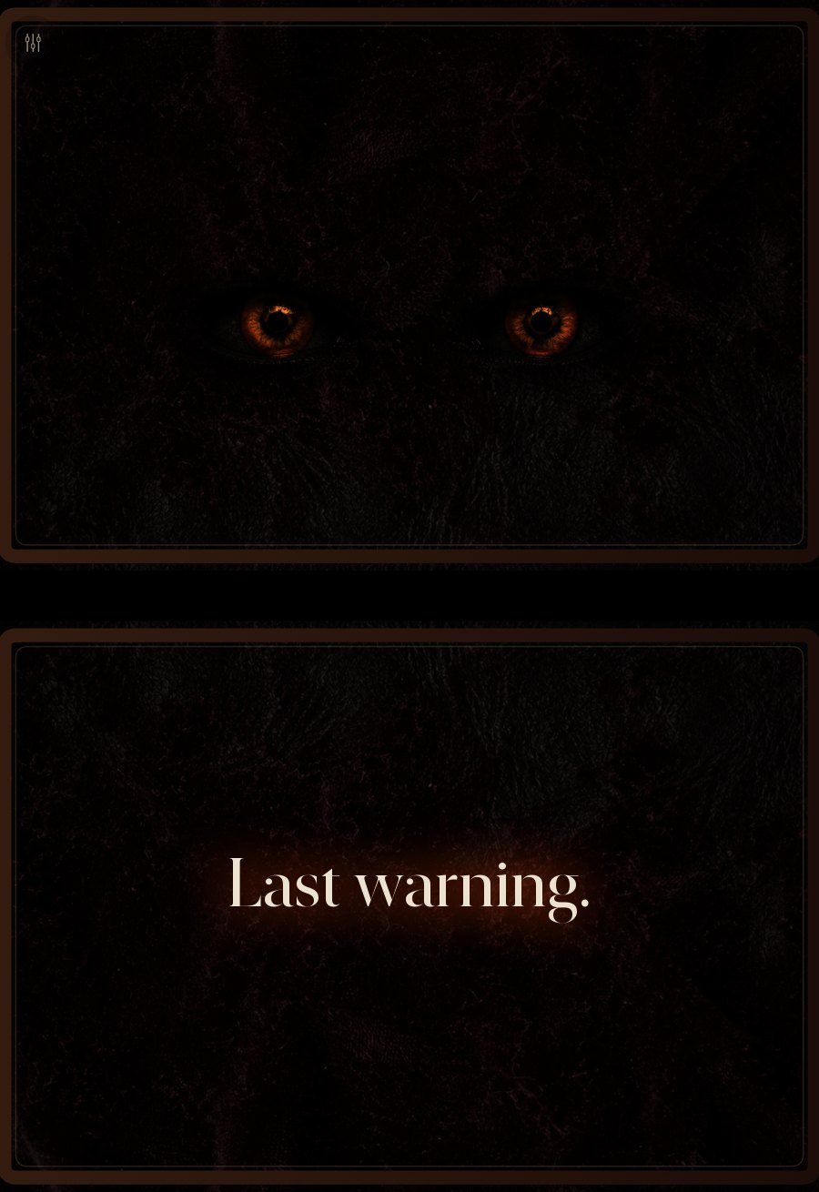 Two glowing eyes on the open case and the words Last warning